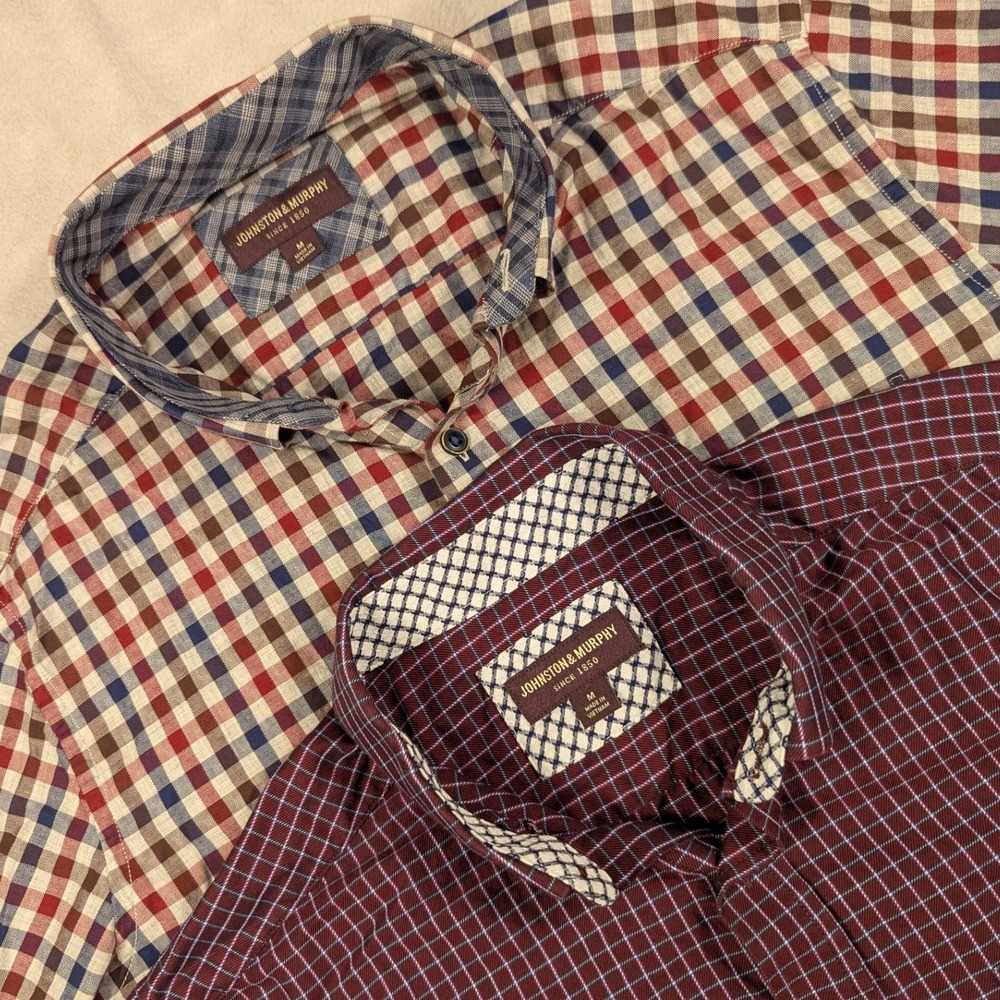 Lot of 2 Johnston & Murphy Mens Button Down Shirt Plaid Check Cotton Medium